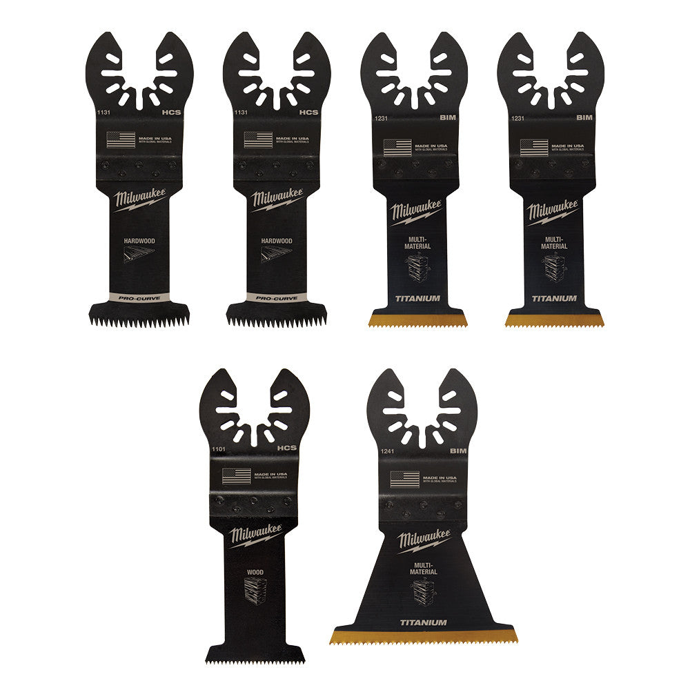 Six Milwaukee OPEN-LOK multi-tool blades with various tooth patterns and materials for wood, metal, and multi-material cuttin