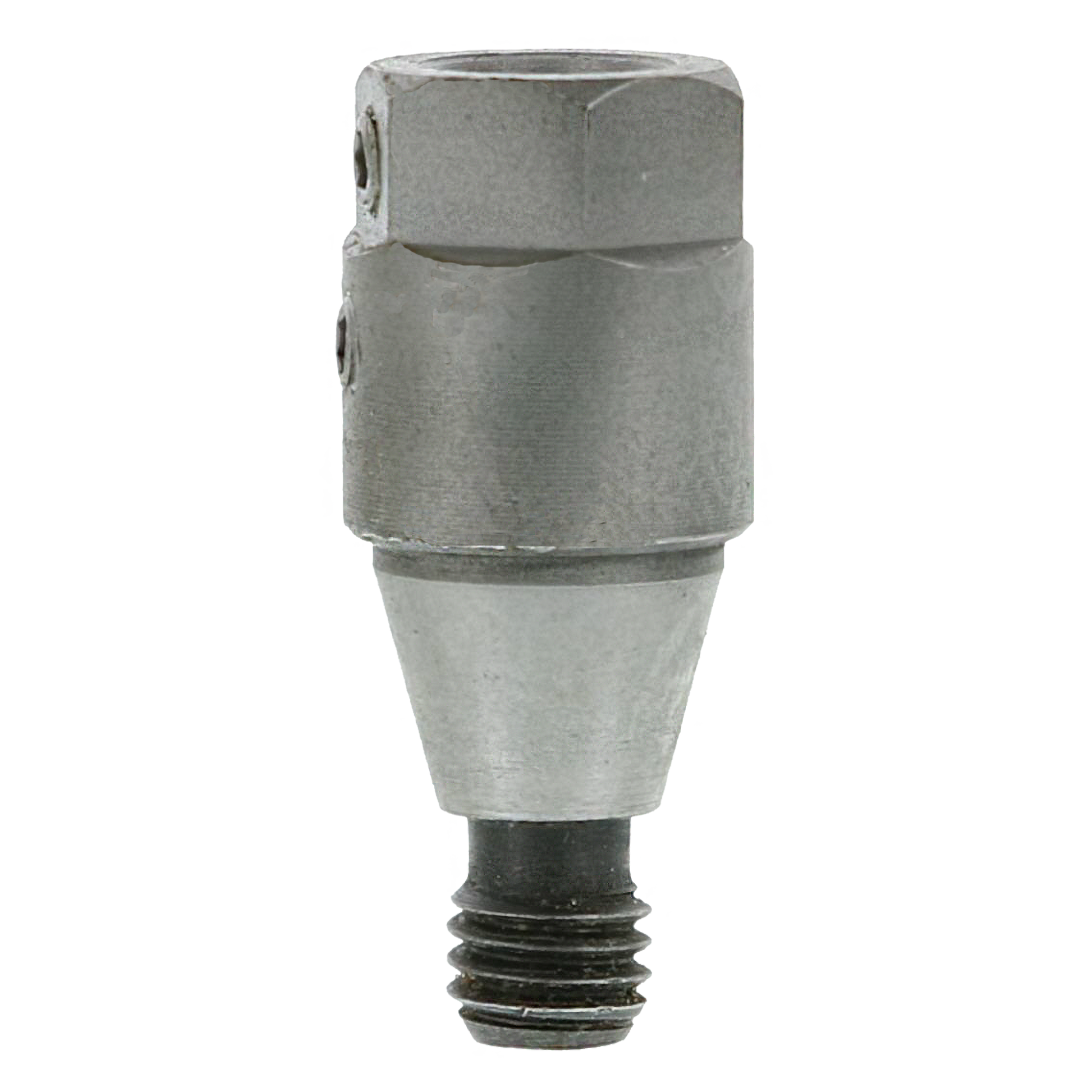 Metal boring machine chuck with cylindrical body, threaded base, and side adjustment holes.