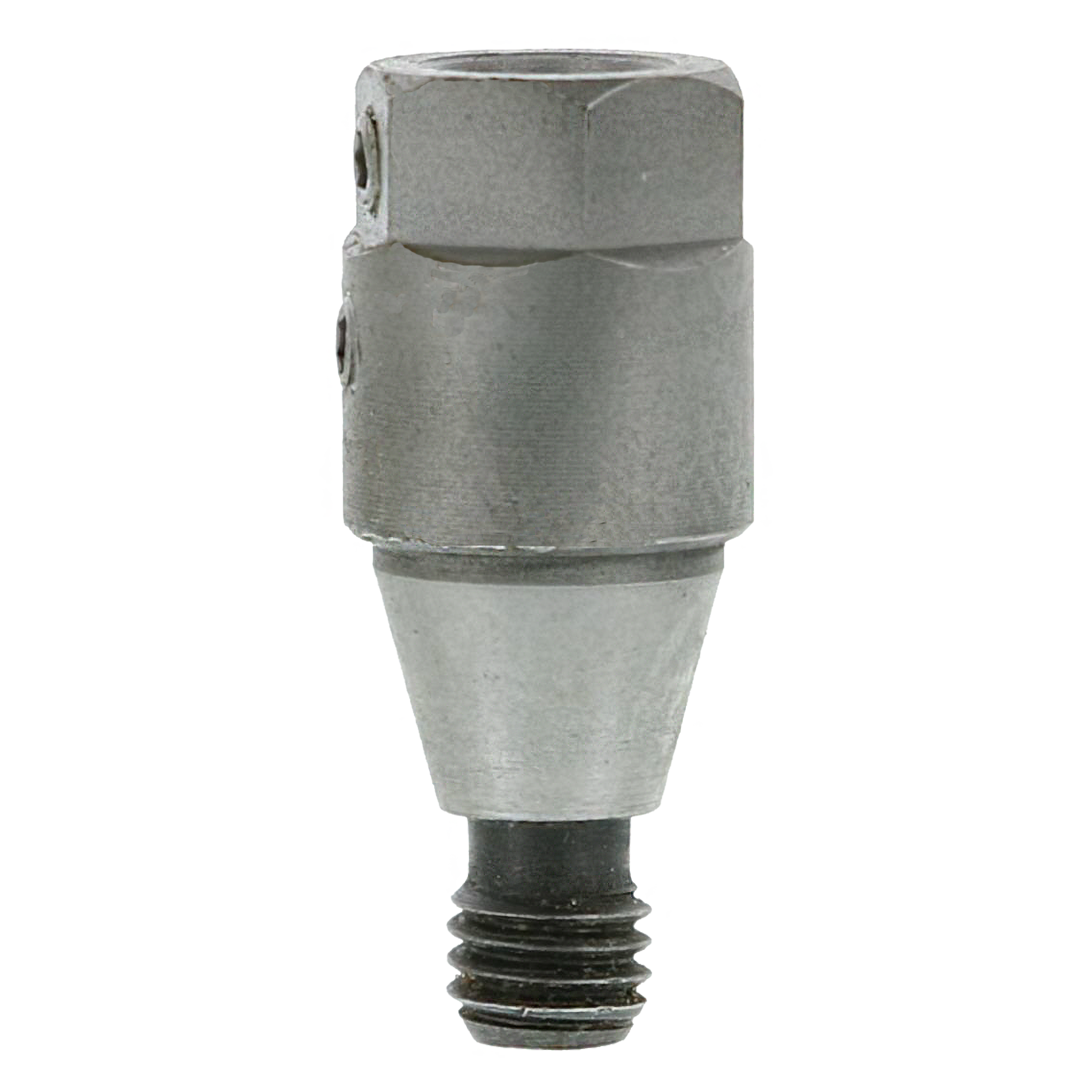 Metal boring machine chuck with cylindrical body, threaded base, and side adjustment holes.