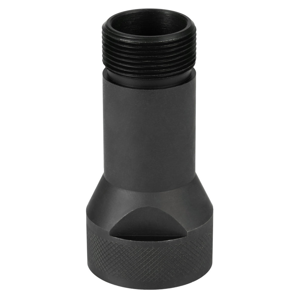 Black metal lockbolt tool adapter with threaded top, cylindrical body, and textured grip base.