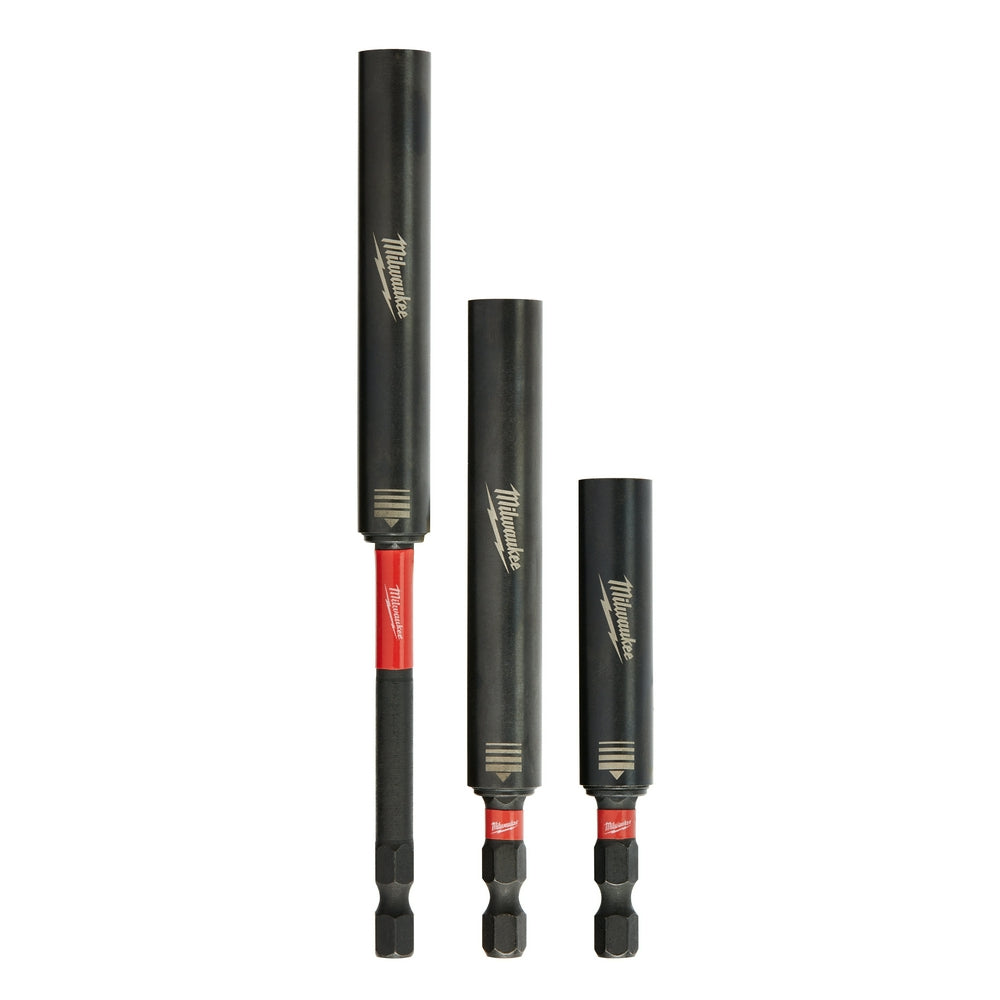 Three black Milwaukee magnetic drive guides with red accents in decreasing lengths, arranged left to right.