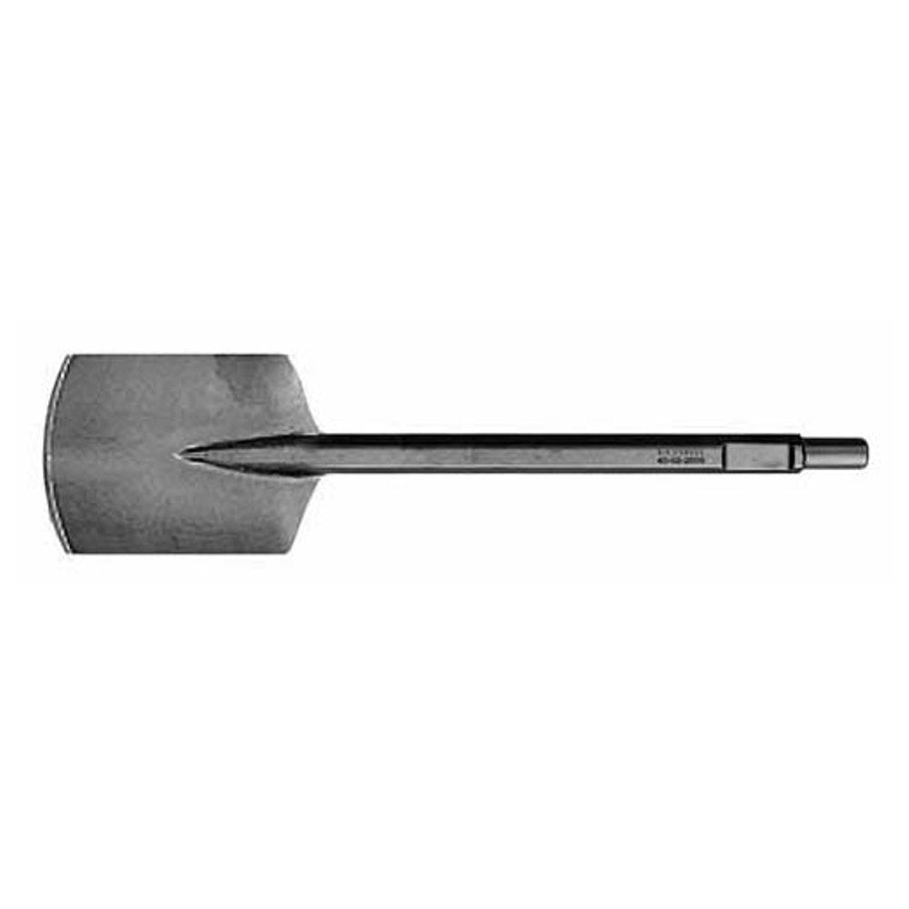 Flat metal asphalt cutter tool with wide rectangular head and pointed steel shank.
