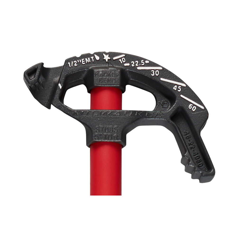 Black iron conduit bender with red handle and degree markings from 10 to 60 degrees.