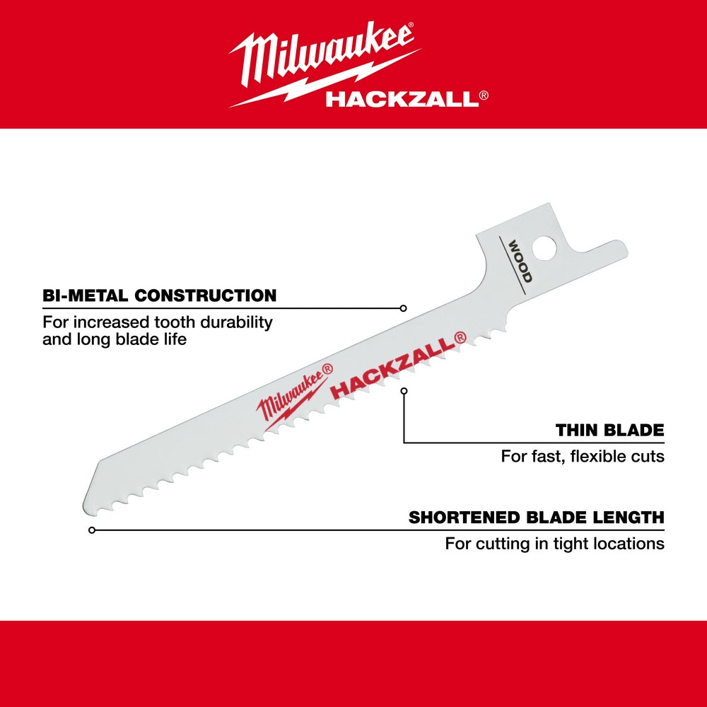 Milwaukee HACKZALL bi-metal reciprocating saw blade with serrated edge and mounting hole.