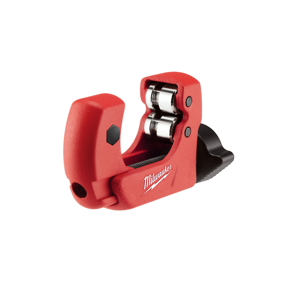 Red mini tubing cutter with two chrome cutting wheels, black handle lever, and Milwaukee branding on side.