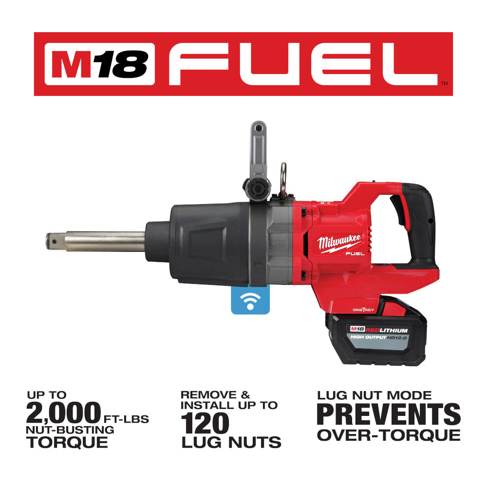Milwaukee M18 FUEL red cordless impact wrench with D-handle, extended anvil, battery pack, and ONE-KEY wireless connectivity 