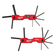 Two red Milwaukee folding hex key tools with black hex keys radiating from red handles.