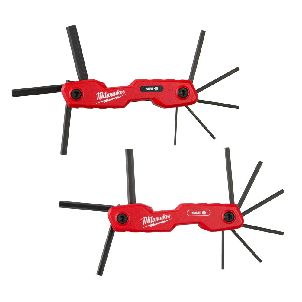 Two red Milwaukee folding hex key tools with black hex keys radiating from red handles.