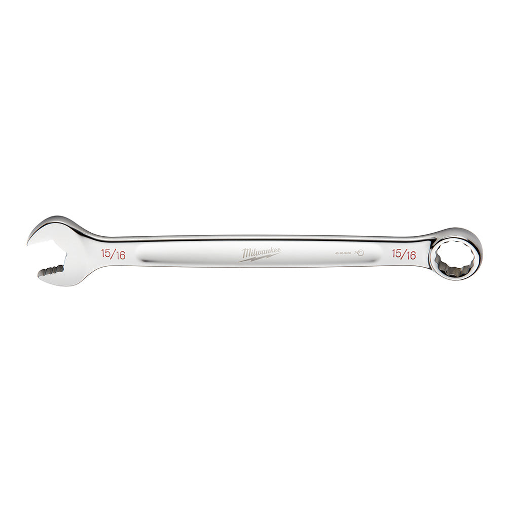 Silver Milwaukee 15/16 inch SAE combination wrench with open end on left and ring end on right.