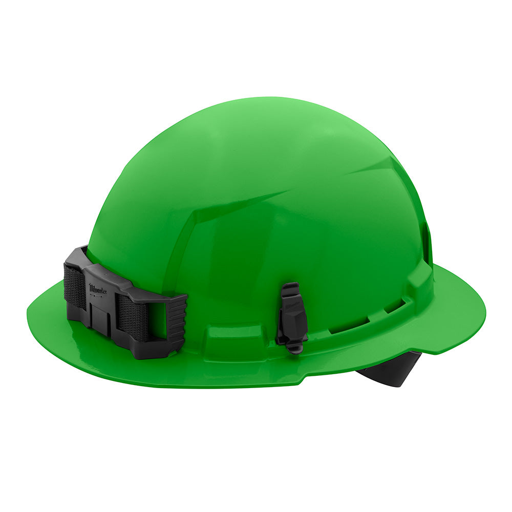 Green full brim hard hat with black ratcheting suspension system and chin strap visible.
