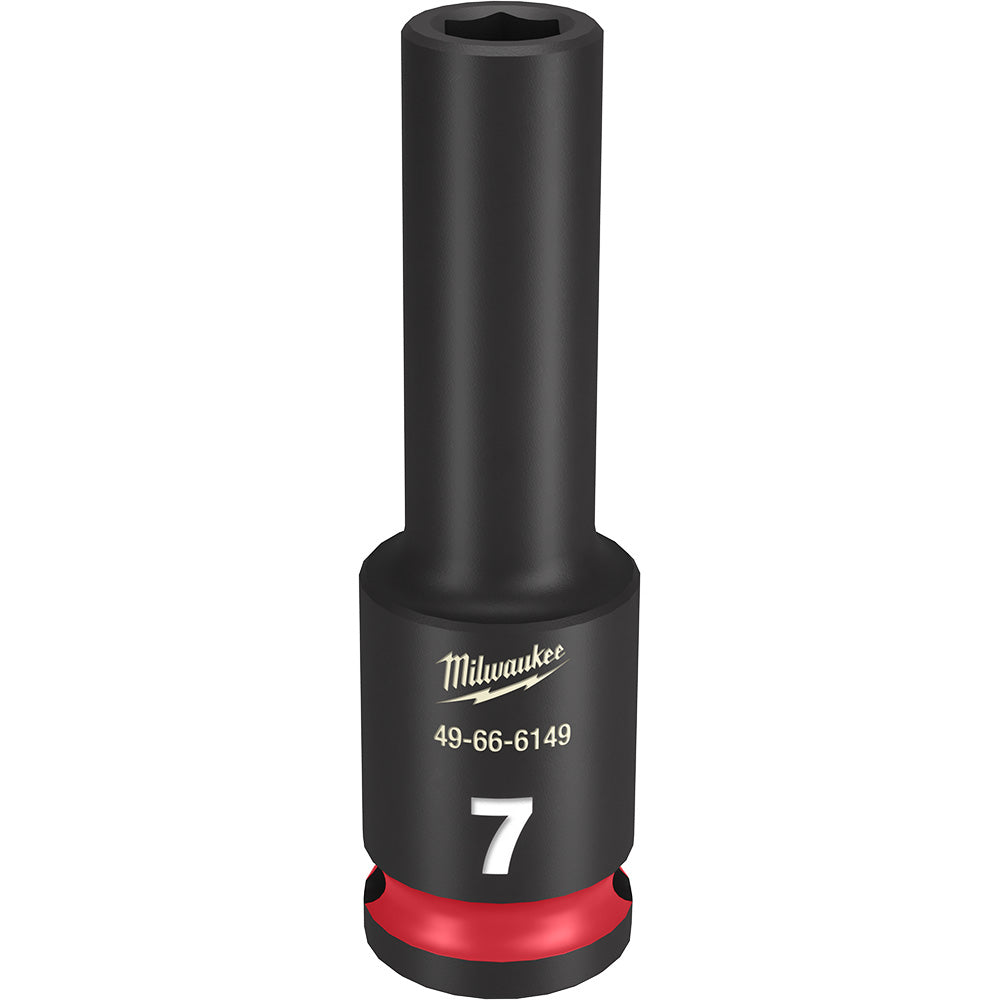 Black Milwaukee 7MM deep socket with 6-point opening, 3/8" drive, red grip band at base.