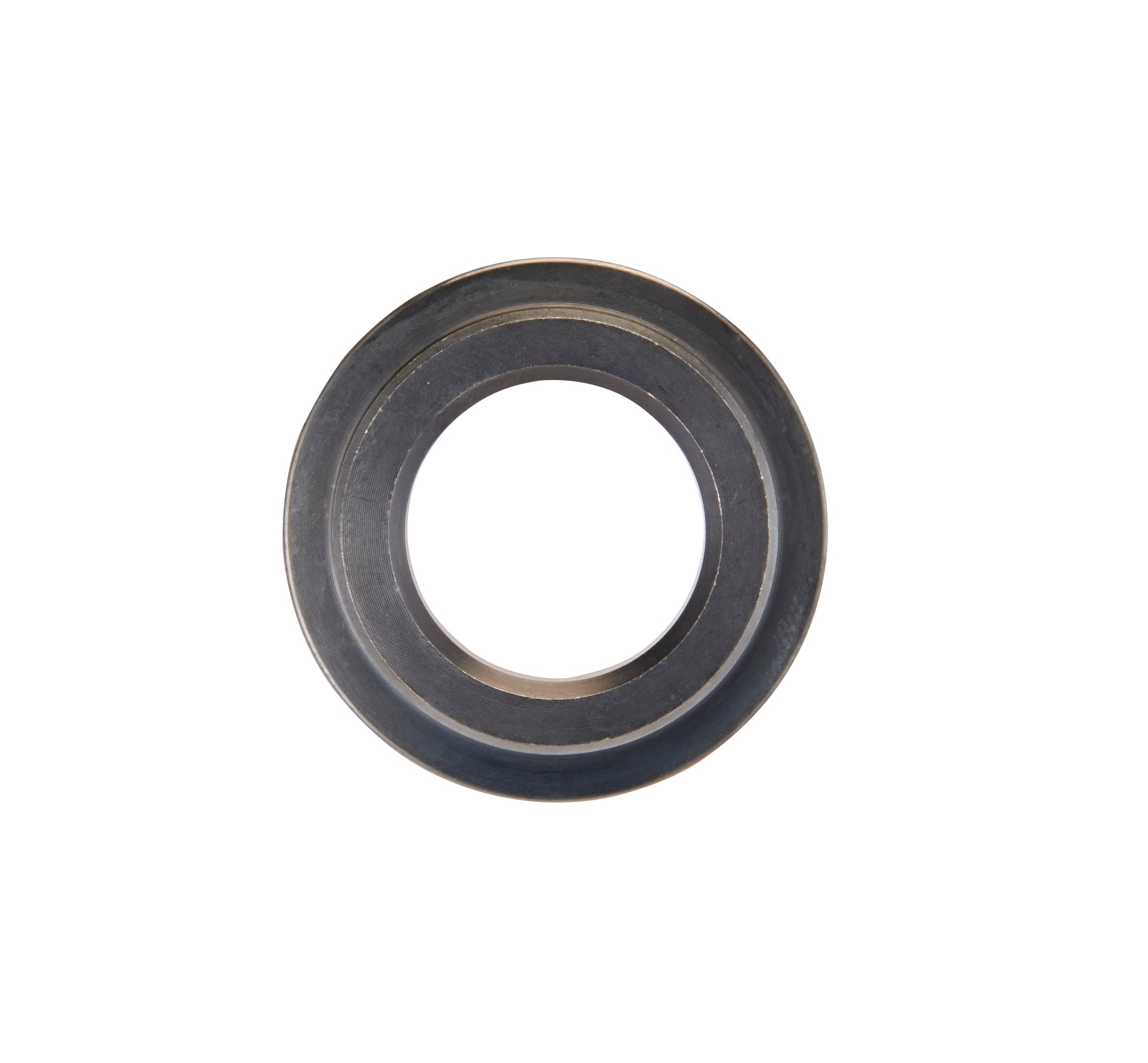 Dark gray metal ring adapter with concentric circular grooves and center opening.