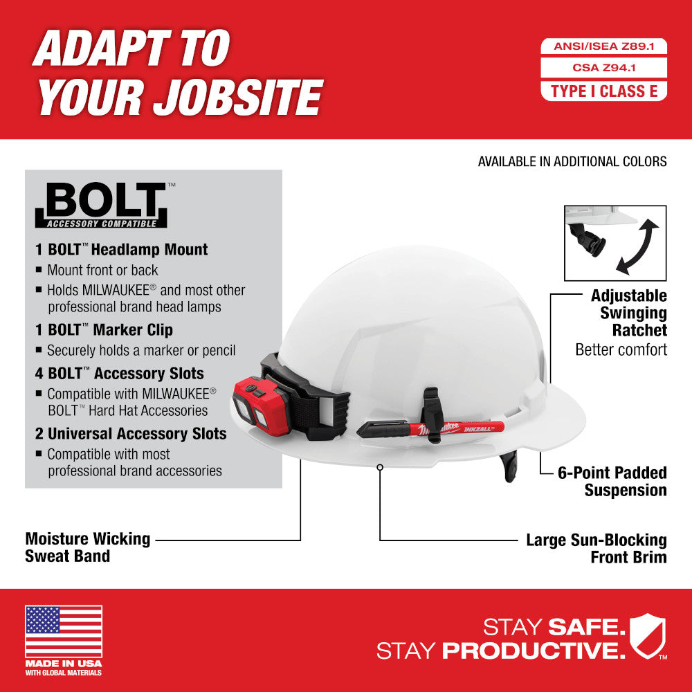 Milwaukee 48-73-1125 Blue Full Brim Hard Hat w/6pt Ratcheting Suspension - Type 1, Class E