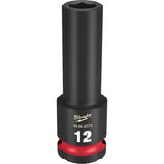 Black deep socket with hexagonal opening, red grip band near base, Milwaukee branding and 12mm size marking visible.