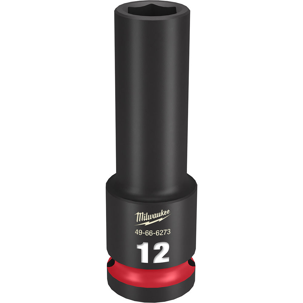 Black deep socket with hexagonal opening, red grip band near base, Milwaukee branding and 12mm size marking visible.