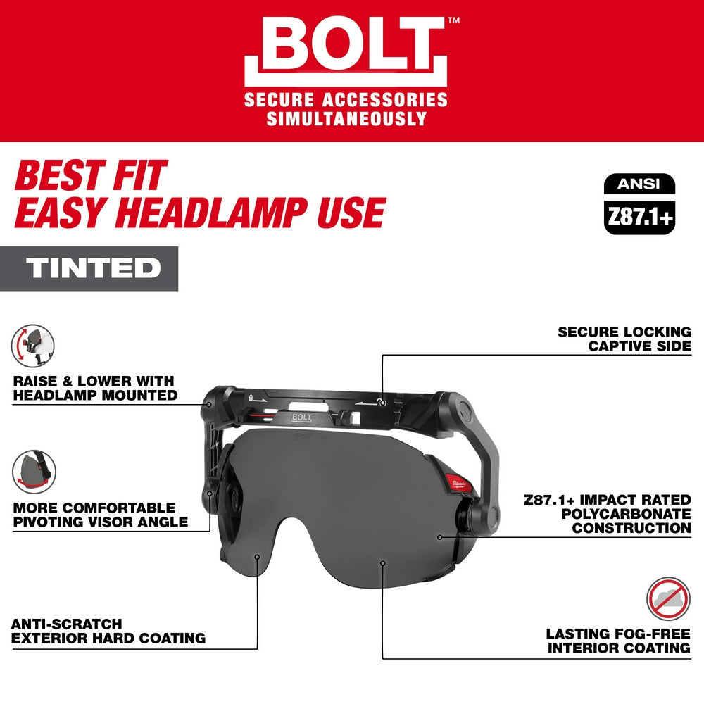 Tinted eye visor with dark gray lens, black pivoting frame, and secure locking sides for helmet mounting.