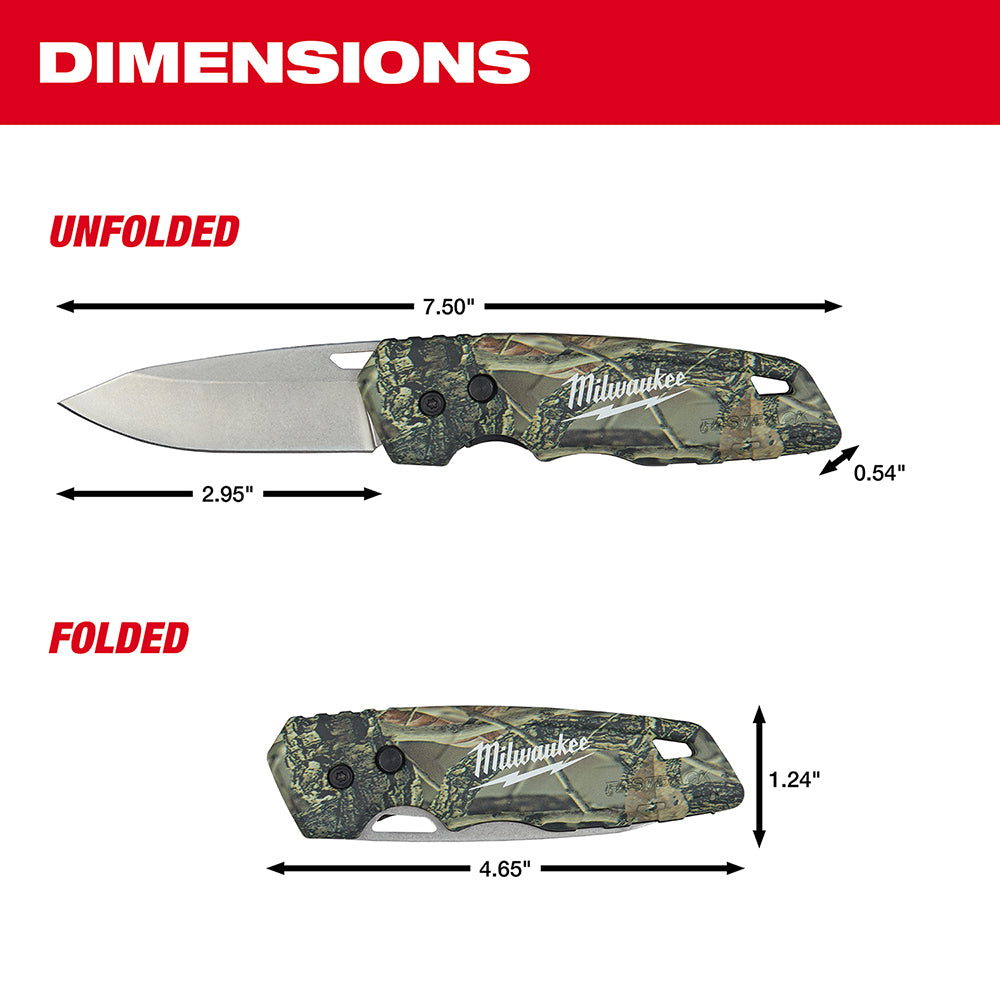 Milwaukee FASTBACK camo folding knife with 2.95" blade, shown unfolded at 7.50" and folded at 4.65".