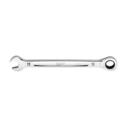 Silver metal 12mm ratcheting combination wrench with open end on left and round ratchet head on right.