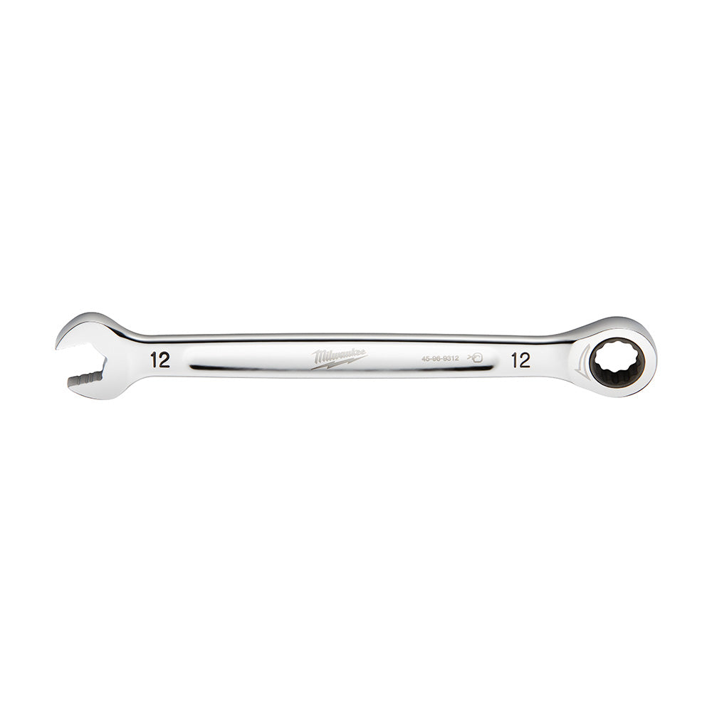 Silver metal 12mm ratcheting combination wrench with open end on left and round ratchet head on right.
