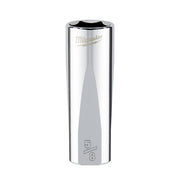Polished chrome deep socket with Milwaukee logo and 5/8 size marking, 3/8 inch drive, 6-point design.