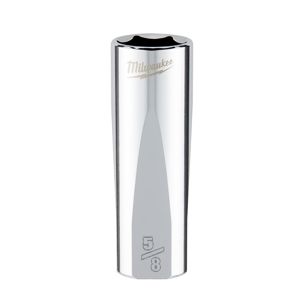 Polished chrome deep socket with Milwaukee logo and 5/8 size marking, 3/8 inch drive, 6-point design.