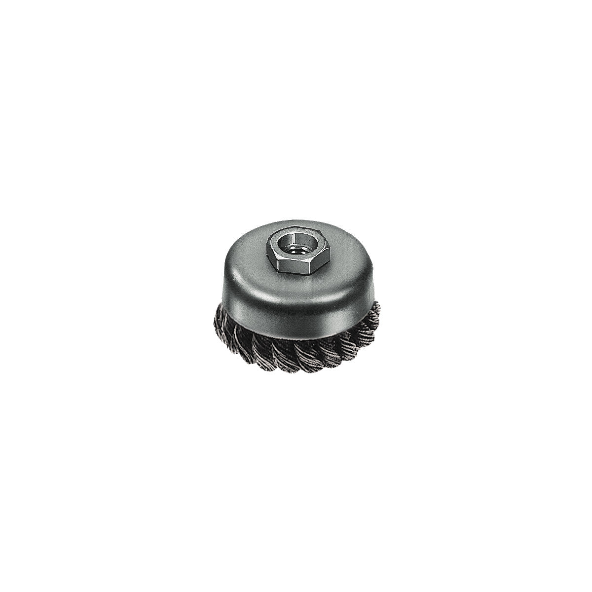 Carbon steel knot wire cup brush with metal dome housing and center threaded attachment.