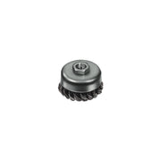Carbon steel knot wire cup brush with metal dome housing and center threaded attachment.