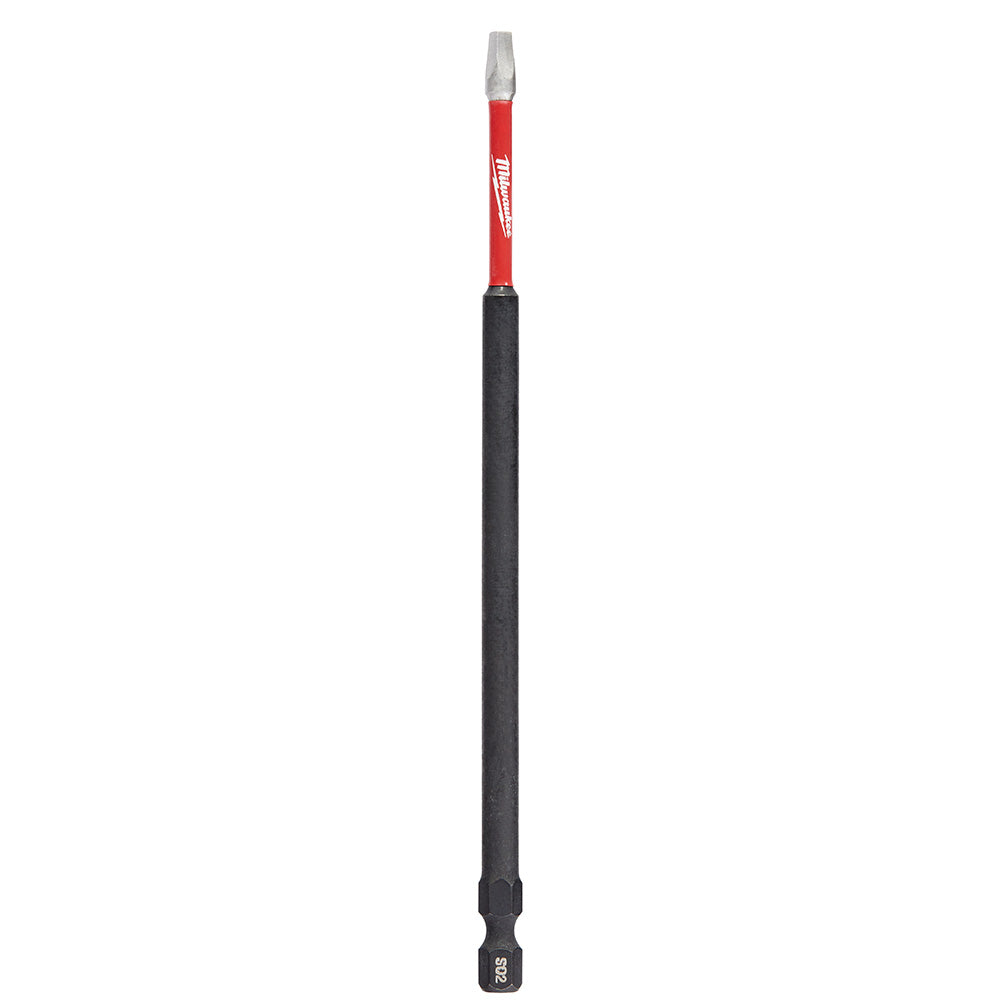 Milwaukee Shockwave 6 in. power bit with red shaft, black grip, and square recess tip.