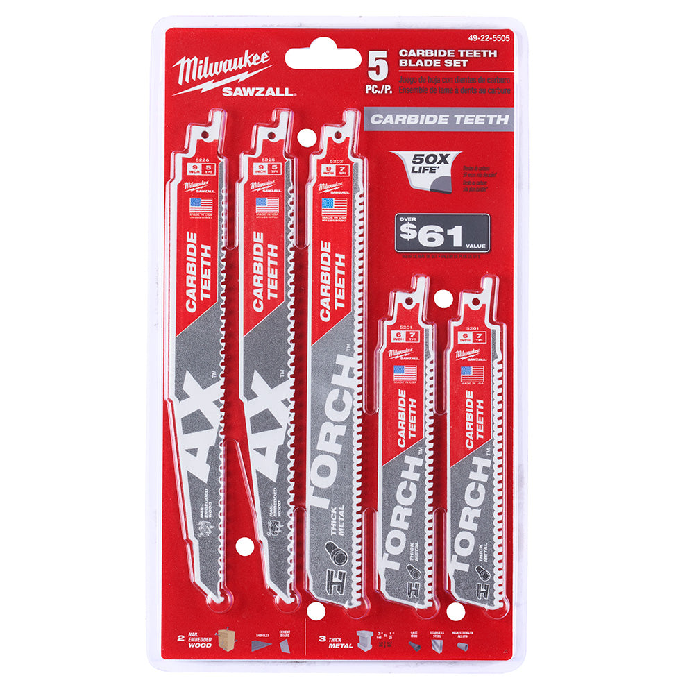 Five Milwaukee SAWZALL carbide teeth blades in varying sizes on red packaging card.