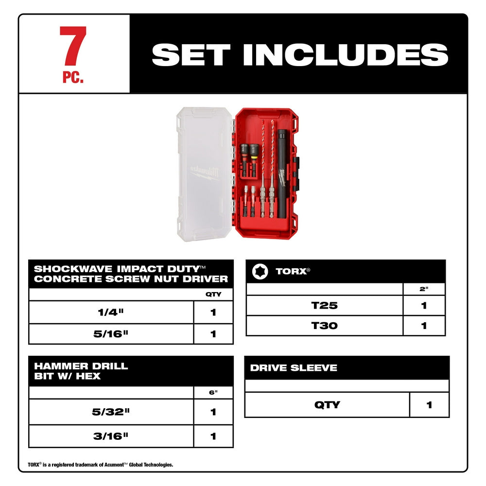 Seven-piece kit containing concrete screw nut drivers, Torx bits, hammer drill bits with hex shanks, and drive sleeve in clea