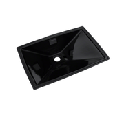 Black rectangular undermount bathroom sink with single faucet hole and sloped interior basin.