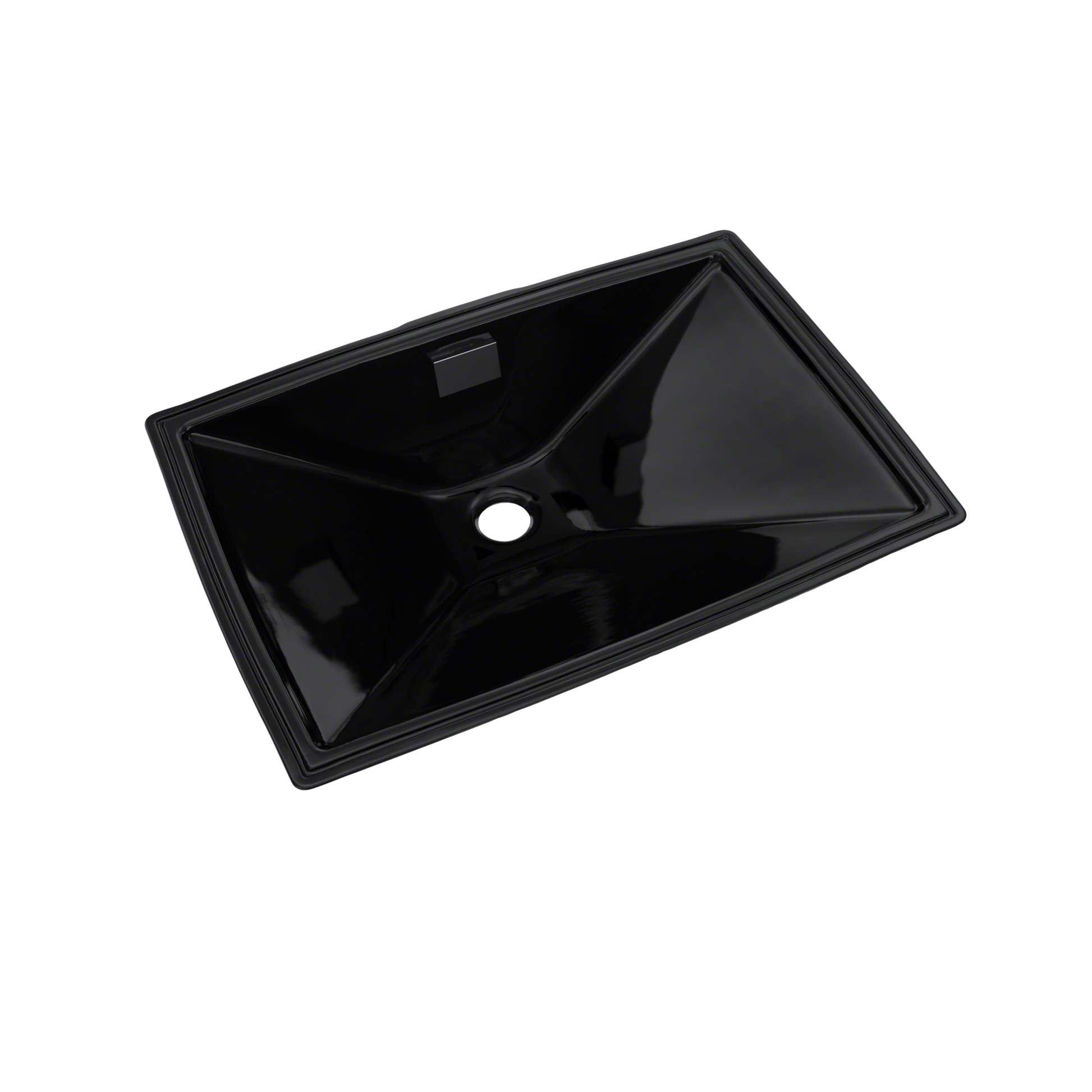 Black rectangular undermount bathroom sink with single faucet hole and sloped interior basin.