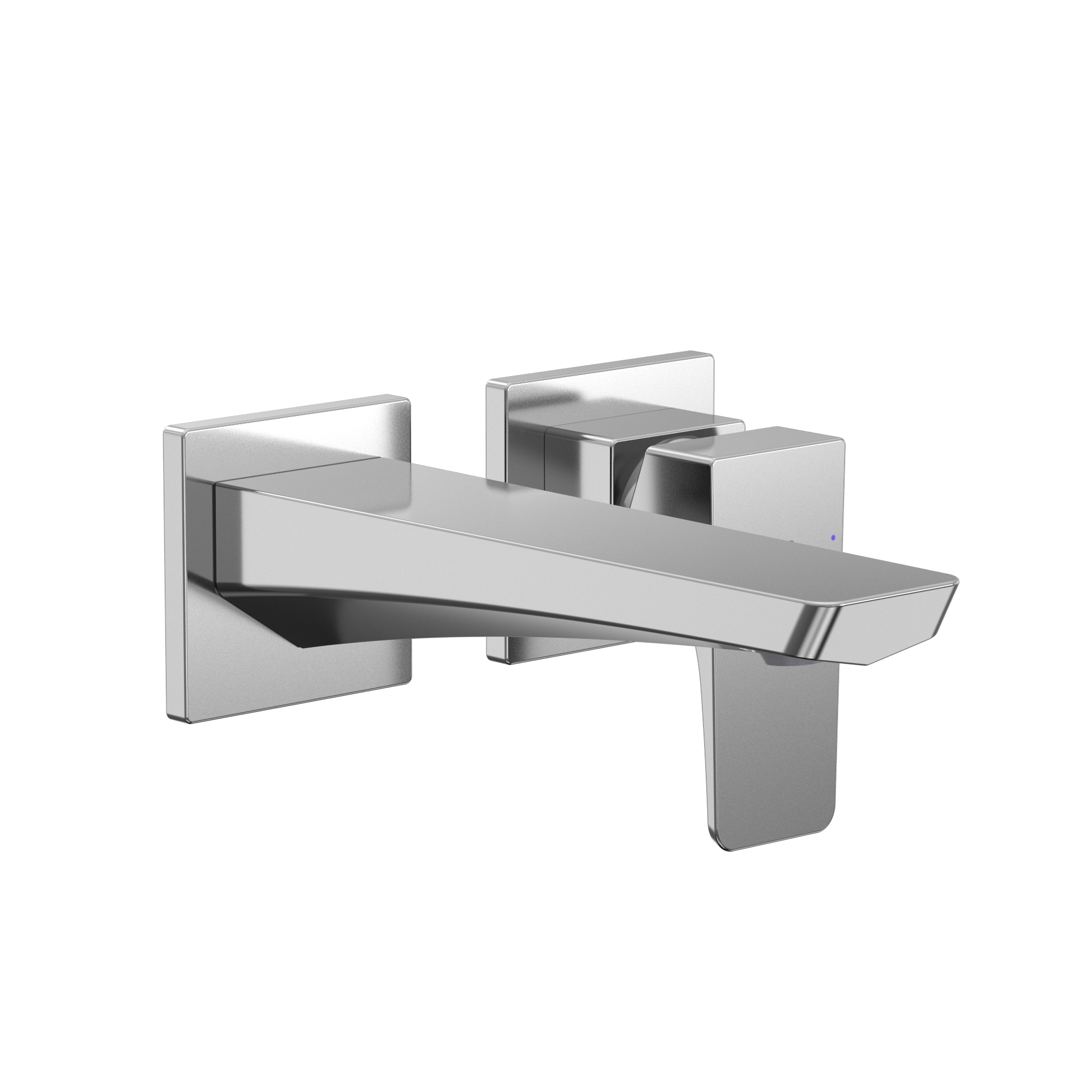 Polished chrome wall-mount bathroom faucet with single handle and angular spout design.