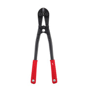 Black and red bolt cutter with curved jaws and red grip handles.