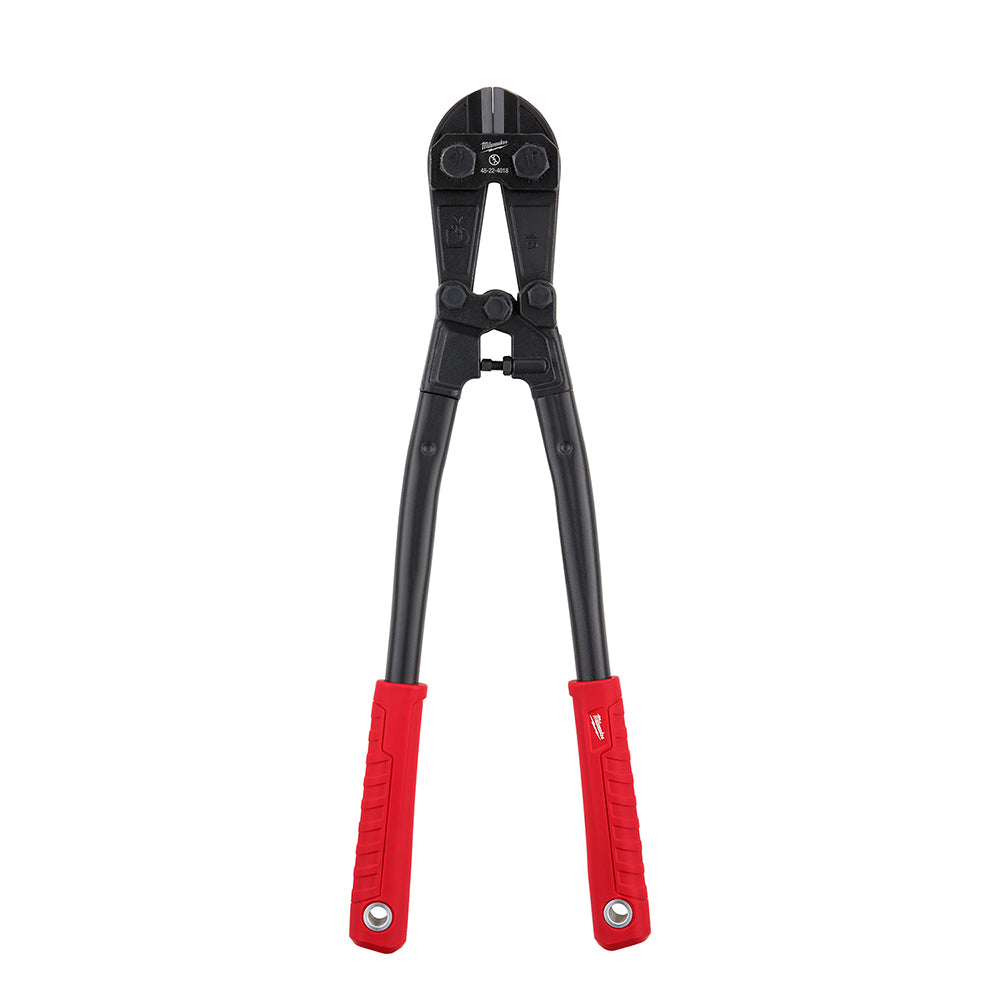 Black and red bolt cutter with curved jaws and red grip handles.
