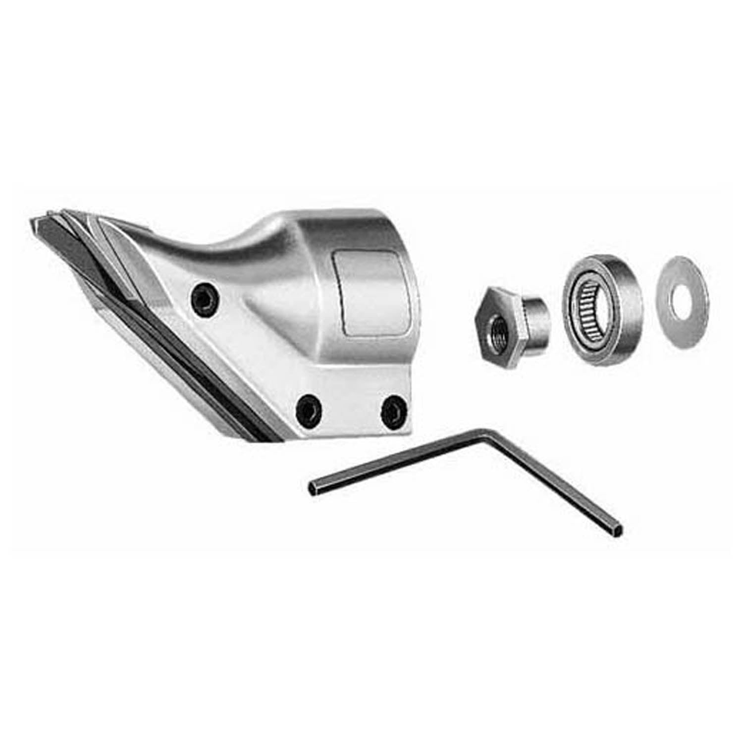Milwaukee shear head assembly with metal cutting head, internal components, and hex wrench tool displayed separately.