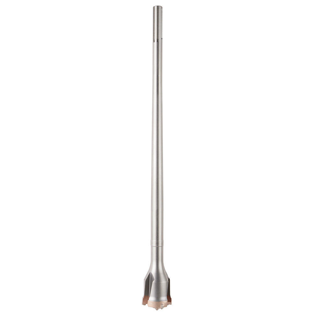 Long steel SDS-MAX tunnel bit with wide cutting head and narrow shaft on white background.