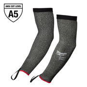 Pair of gray knit protective sleeves with black cuffs, red trim at wrists, and thumb loops, ANSI Cut Level A5 rated.