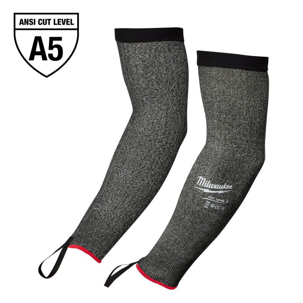 Pair of gray knit protective sleeves with black cuffs, red trim at wrists, and thumb loops, ANSI Cut Level A5 rated.