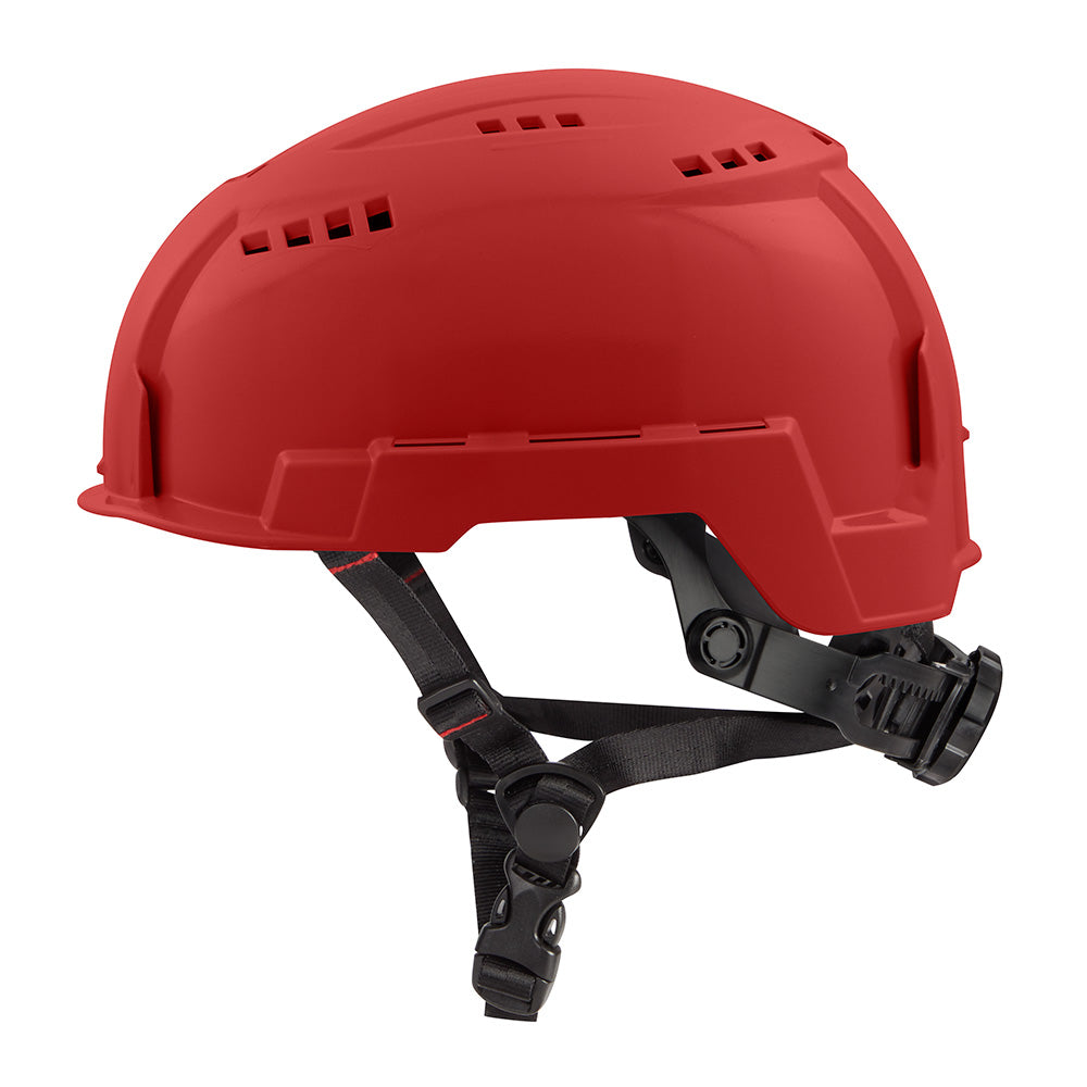 Red vented safety helmet with black chin strap and ventilation slots on crown and sides.