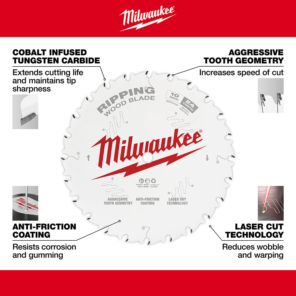 Milwaukee 10-inch circular saw blade with 24 teeth and white body showing cobalt tungsten carbide construction and laser-cut 