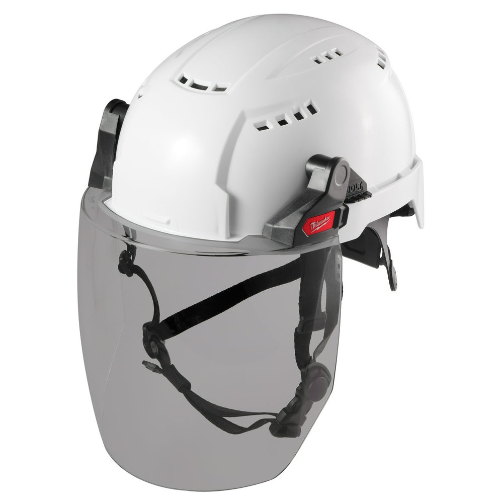 Gray full face shield with dual coat lens attached to white safety helmet with black straps and adjustment mechanism.