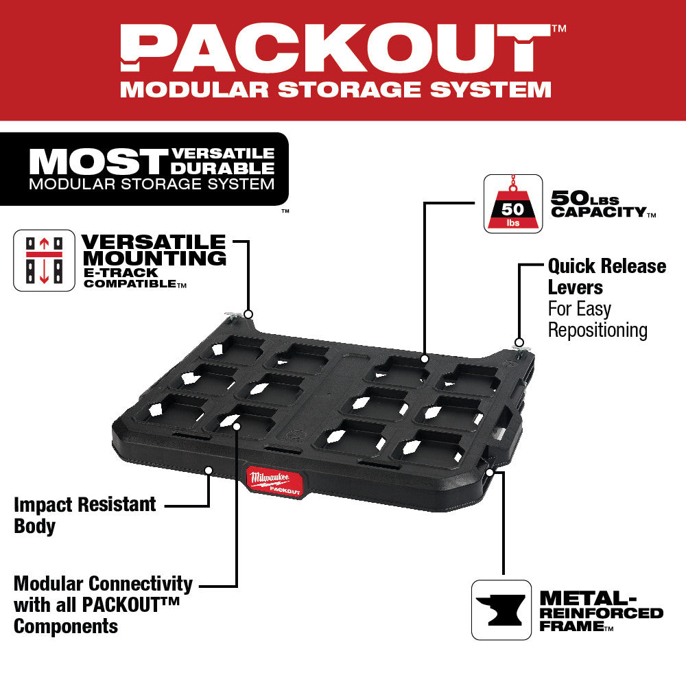 Black plastic PACKOUT racking shelf with 50 lbs capacity, quick release levers, and metal-reinforced frame for modular storag
