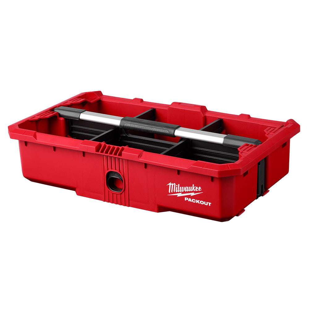 Red plastic PACKOUT tool tray with black dividers and two metal handles inside.