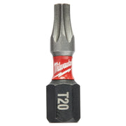 Milwaukee T20 impact driver bit with red and black grip sleeve and gray metal tip.