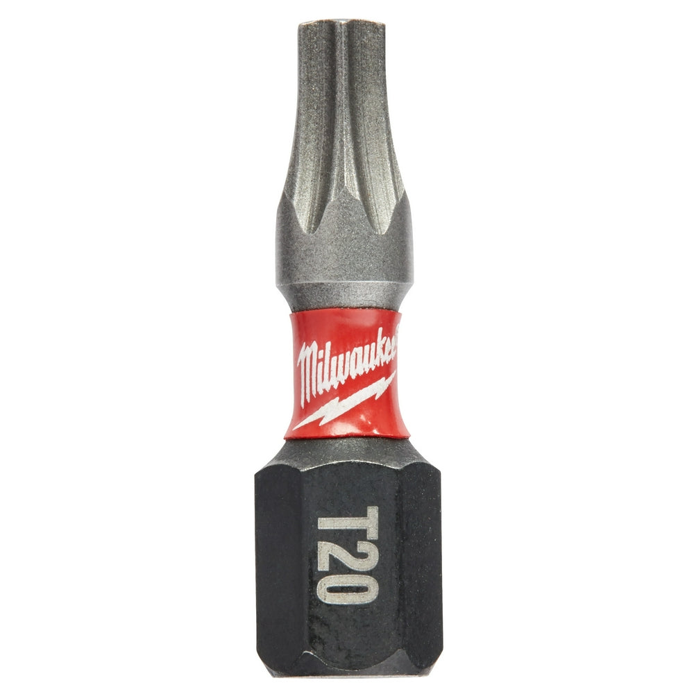 Milwaukee T20 impact driver bit with red and black grip sleeve and gray metal tip.