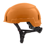 Orange hard hat with black chin strap and ventilation slots on crown.