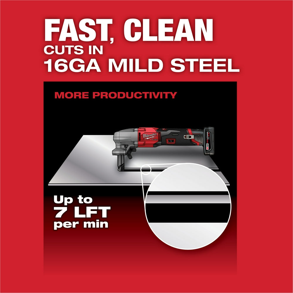 Milwaukee M12 FUEL red and black cordless nibbler positioned above sheet metal with cutting demonstration.