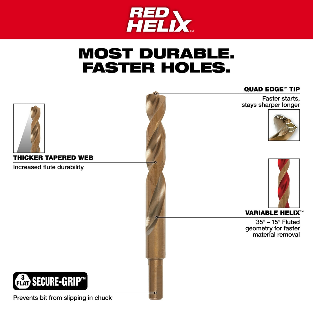 RED HELIX cobalt drill bit with gold-colored twisted flute design and flat grip base, shown with feature callouts.