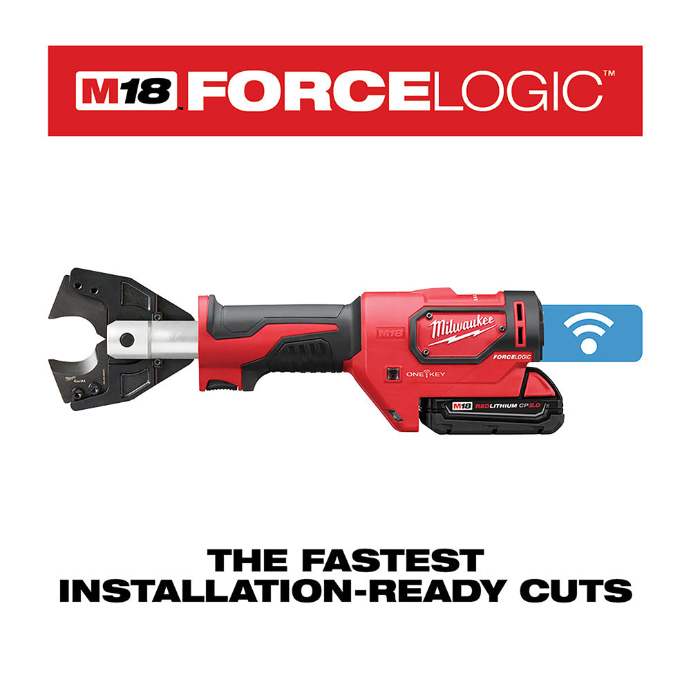 Red and black Milwaukee M18 FORCE LOGIC cable cutter with battery pack attached and large jaws on left side.